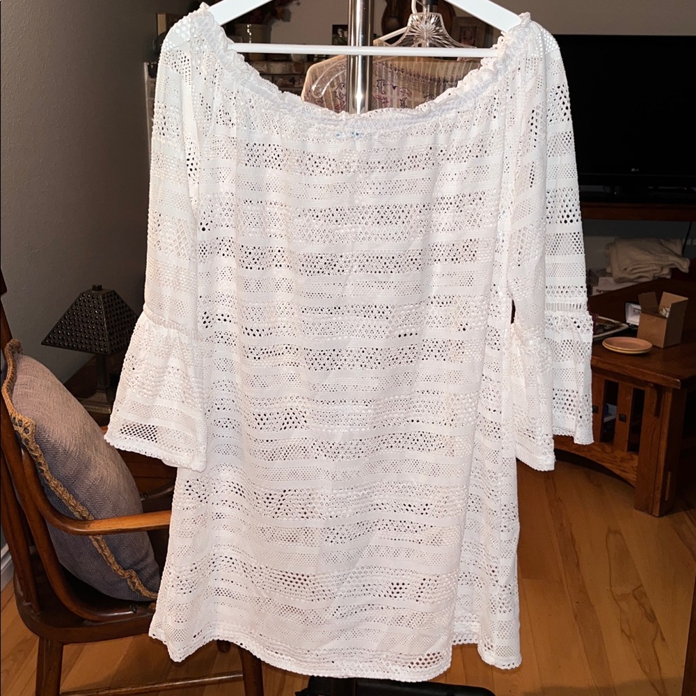 Blue Island White Mesh Beach Tunic Coverup Size Large - Picture 3 of 4